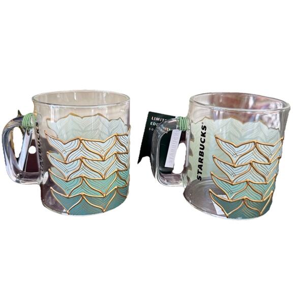 NWT Starbucks 2020 Siren Mermaid Tail 50th Anniversary Glass Mug Cup Set Of 2 - Picture 1 of 10
